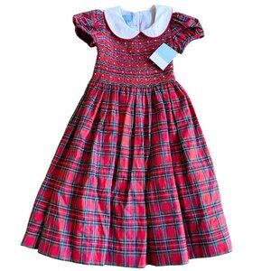 NEW Anavini Couture Girls Red Plaid Smocked Peter Pan Collar Dress - Size 7
